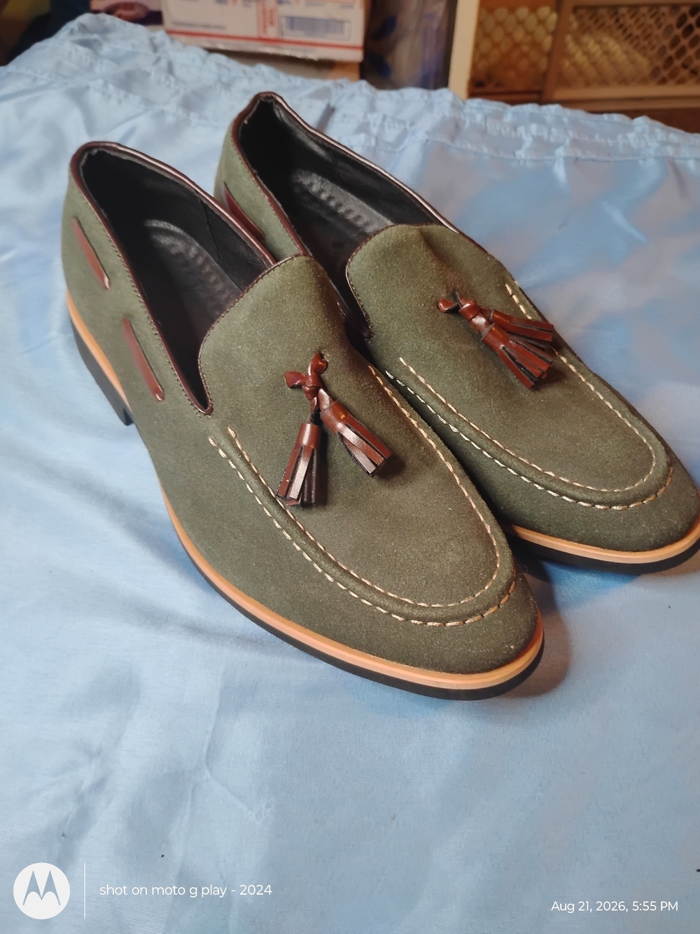 Olive Suede Tassel Loafers for Men